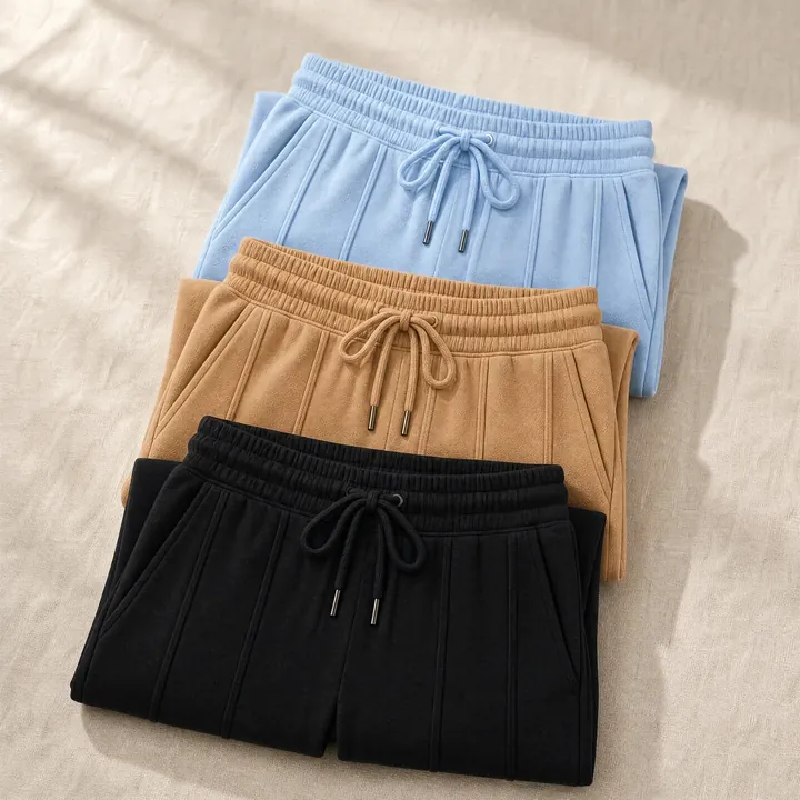 Tres pantalones Selena doblados: negro, camel y azul bebé
