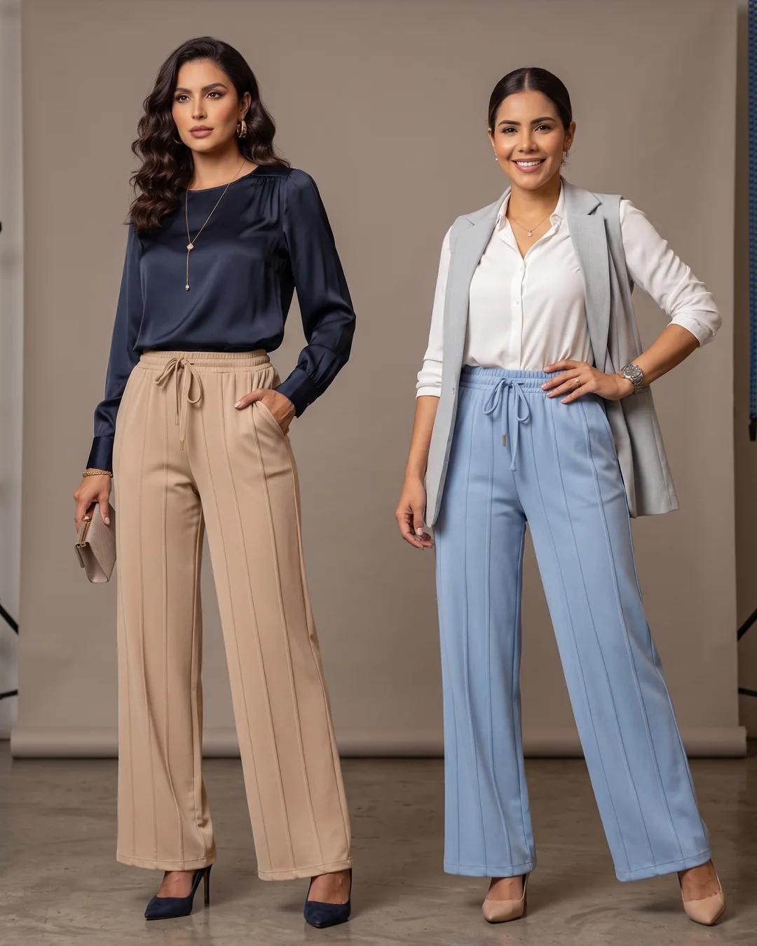 Dos mujeres con el Pantalón Selena camel y azul bebé, de blusa y tacón